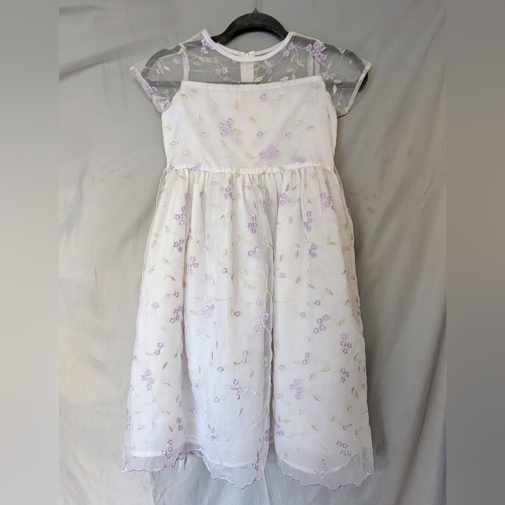 C.C. Couture White & Lilac Embroidered Sheer Overlay Dress – Size 10